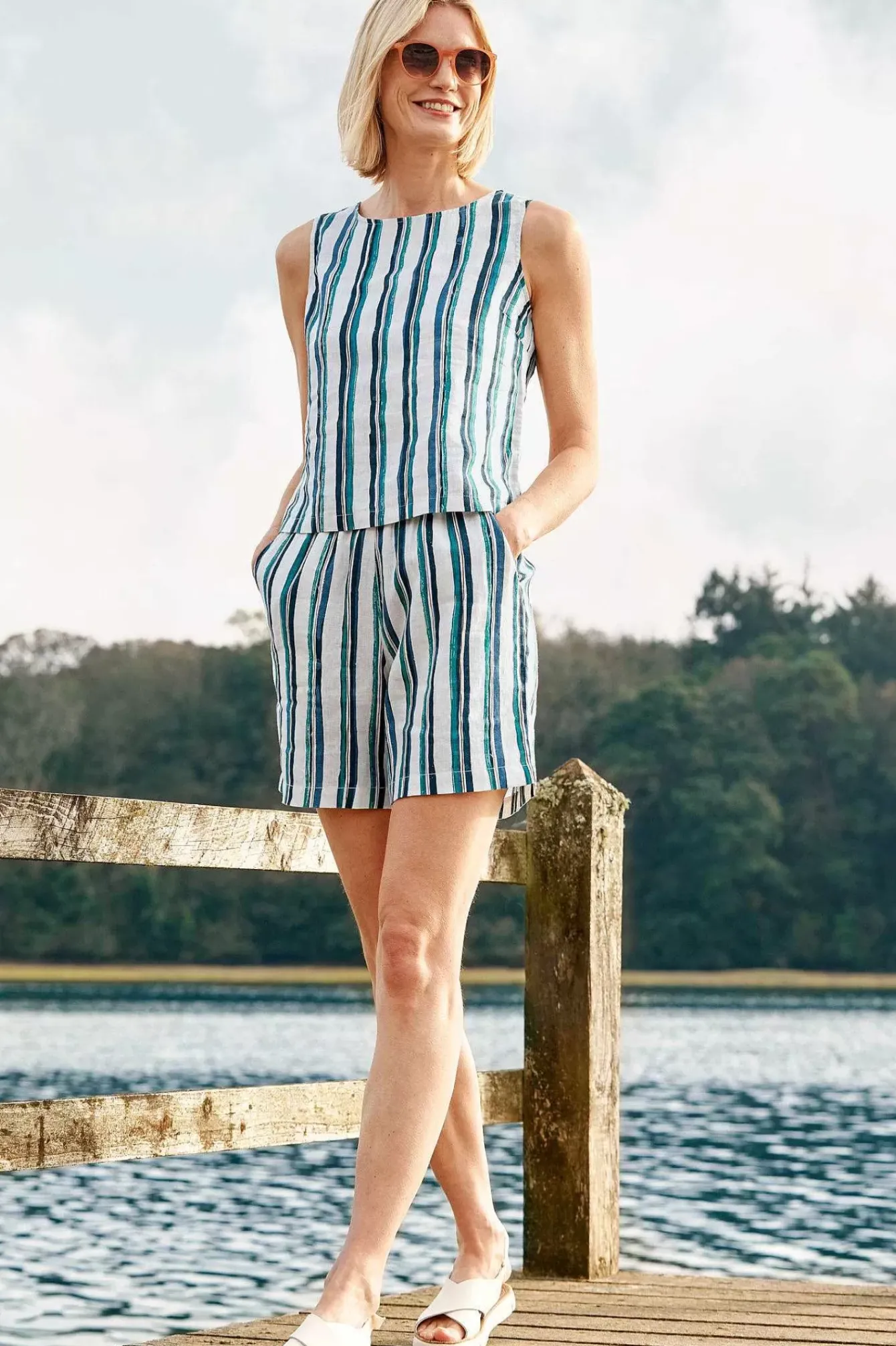 Seasalt Cornwall Trousers & Shorts<Aviso Printed Linen Shorts River Stripe Chalk