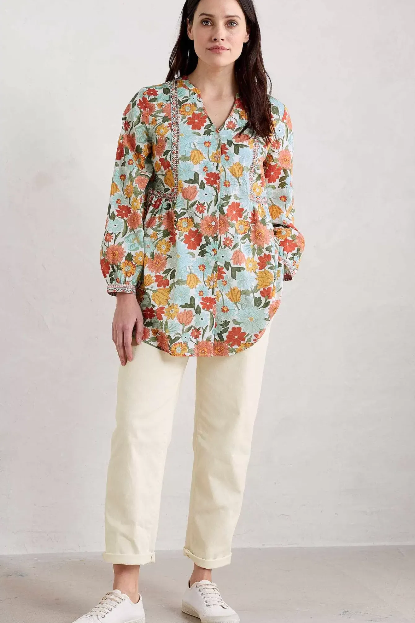 Seasalt Cornwall Tunics<Dragonfly V-Neck Tunic (Gots) Flowering Blooms Chalk