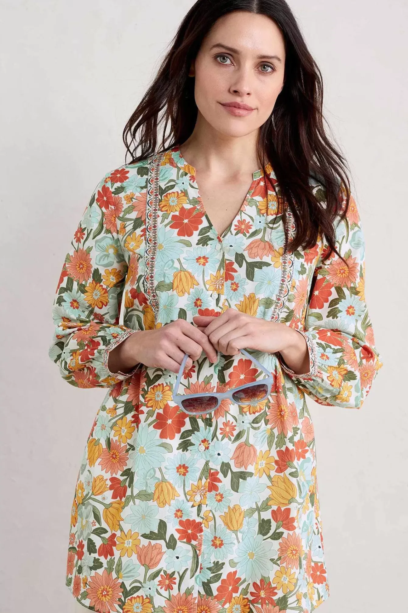 Seasalt Cornwall Tunics<Dragonfly V-Neck Tunic (Gots) Flowering Blooms Chalk