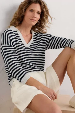 Seasalt Cornwall Knitwear<Gwynver Lightweight V-Neck Collared Jumper Mini Cornish Ecru Maritime