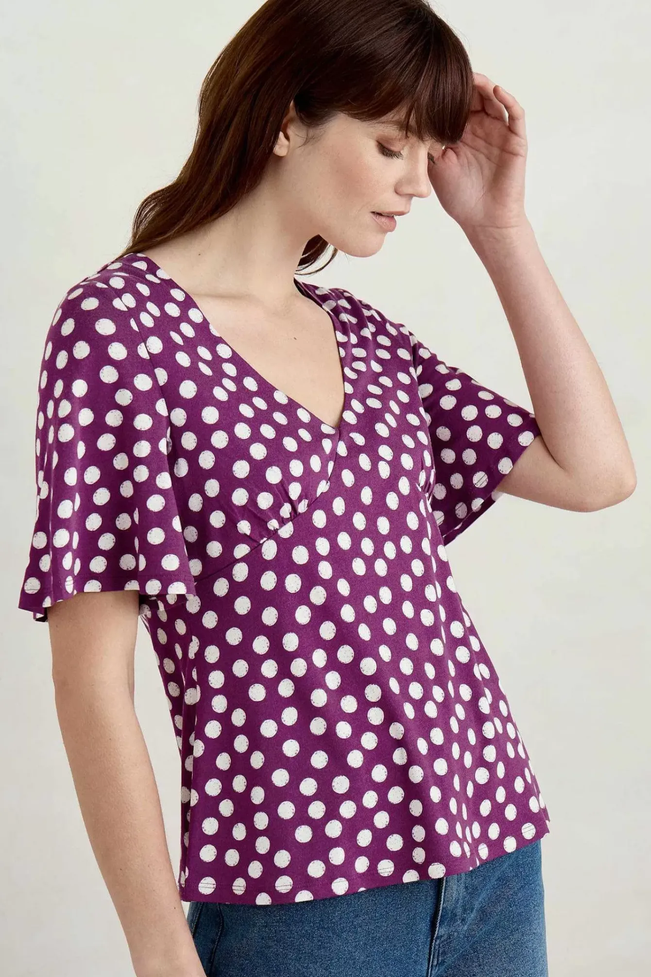 Seasalt Cornwall Tops<Herb Garden Angel Sleeve V-Neck Top Crayon Spot Cassis