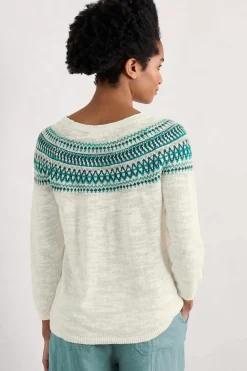 Seasalt Cornwall Knitwear<Penvoose Three Quarter Sleeve Fair Isle Jumper Clipper Ship Ecru Helford