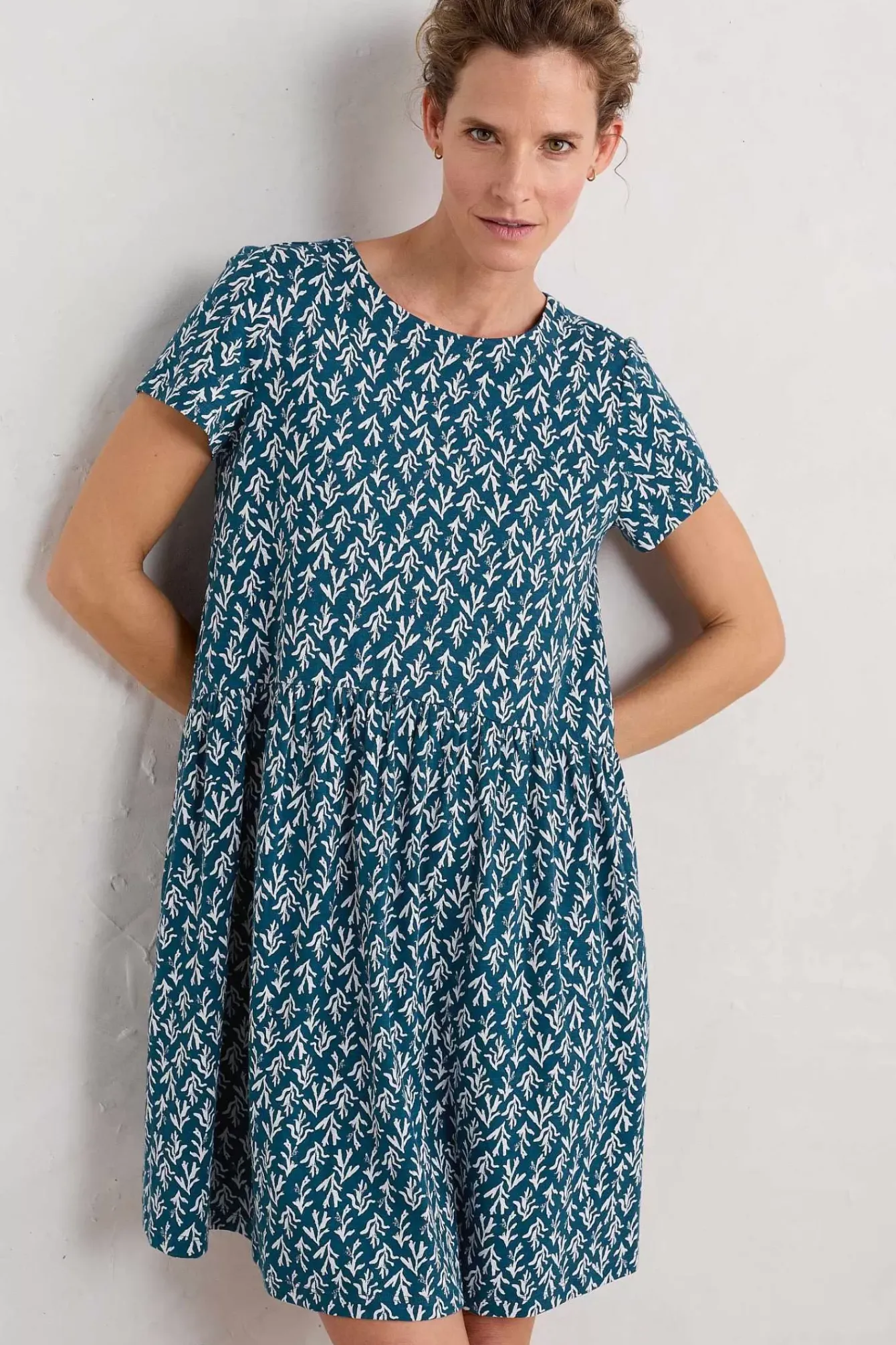 Seasalt Cornwall Dresses<Sea Mirror Jersey Dress With Short Sleeves Kelp Stamp Ocean Drift