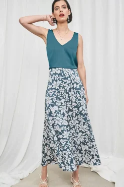Seasalt Cornwall Skirts<Temple Printed Satin Midi Skirt Anemone Vintage Pool