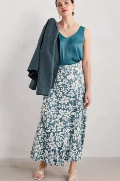 Seasalt Cornwall Skirts<Temple Printed Satin Midi Skirt Anemone Vintage Pool