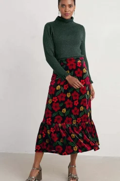 Seasalt Cornwall Skirts<Wildflower Tiered Velvet Maxi Skirt Collaged Rose Onyx Carmine